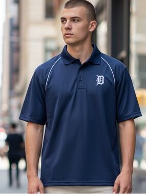 Men's Navy Detroit Tigers Polo with White Piping and Chest Emblem